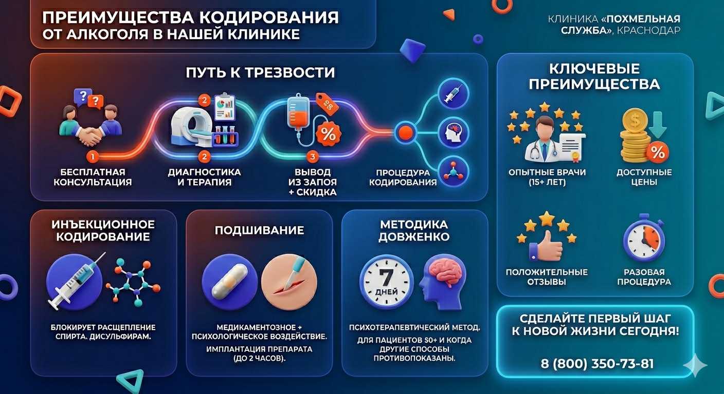 Инфографика о методах кодирования от алкоголя в Шамхал-Термене: инъекции, подшивание, метод Довженко. Преимущества клиники и этапы лечения.